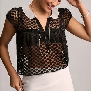 Maeve Collared Cap-Sleeve Sheer Blouse, Size Small
